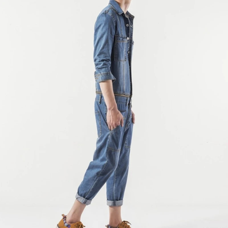 Casual Denim Overalls Men Spring Autumn Slim Jean Jacket and Pants Jumpsuit