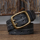 Men 3.8cm Wide Double Breasted Belt Double Prong Buckle Handmade Heavy Duty Belt Jeans Belt
