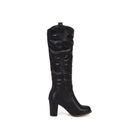 Boots Women Black Shoes Female Buckle Pleated Leather Block Heel Long Riding Boots Women