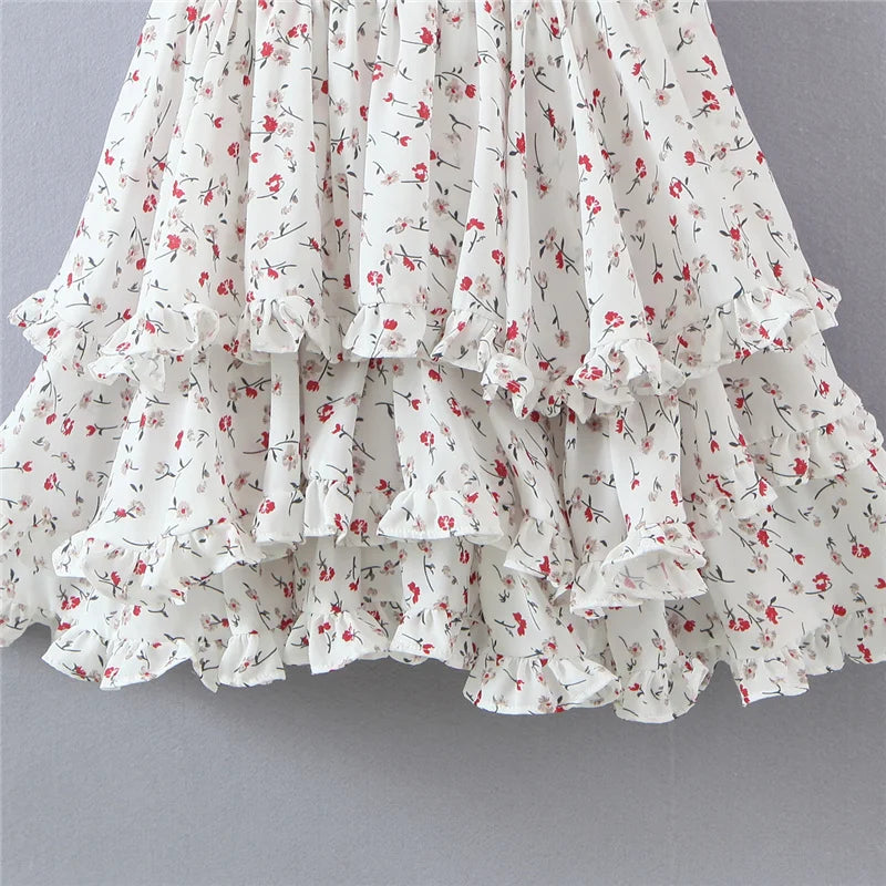 Vintage Spring Summer Chic Floral Lace Square Neck Cute Cake Cascading Ruffled Strap Mini Dress Woman