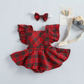 Xmas 0-24M Baby Girls Boys Rompers Headband Plaid Ruffles Short Sleeve Backless Jumpsuits