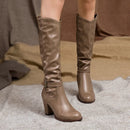 Boots Women Black Shoes Female Buckle Pleated Leather Block Heel Long Riding Boots Women