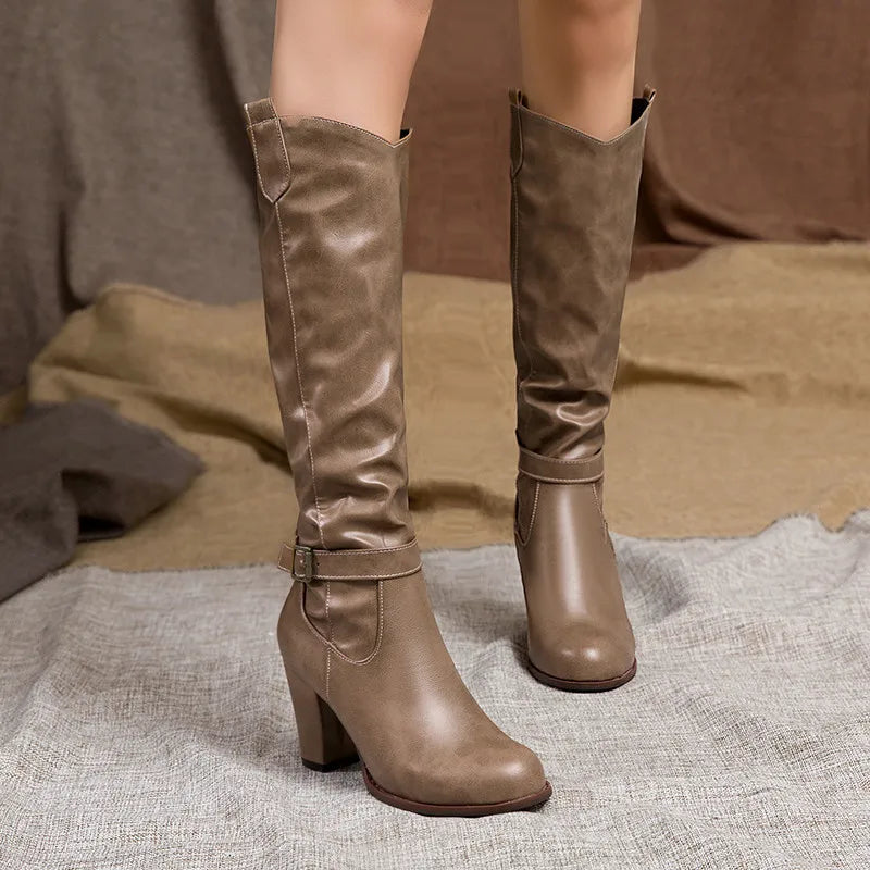 Boots Women Black Shoes Female Buckle Pleated Leather Block Heel Long Riding Boots Women