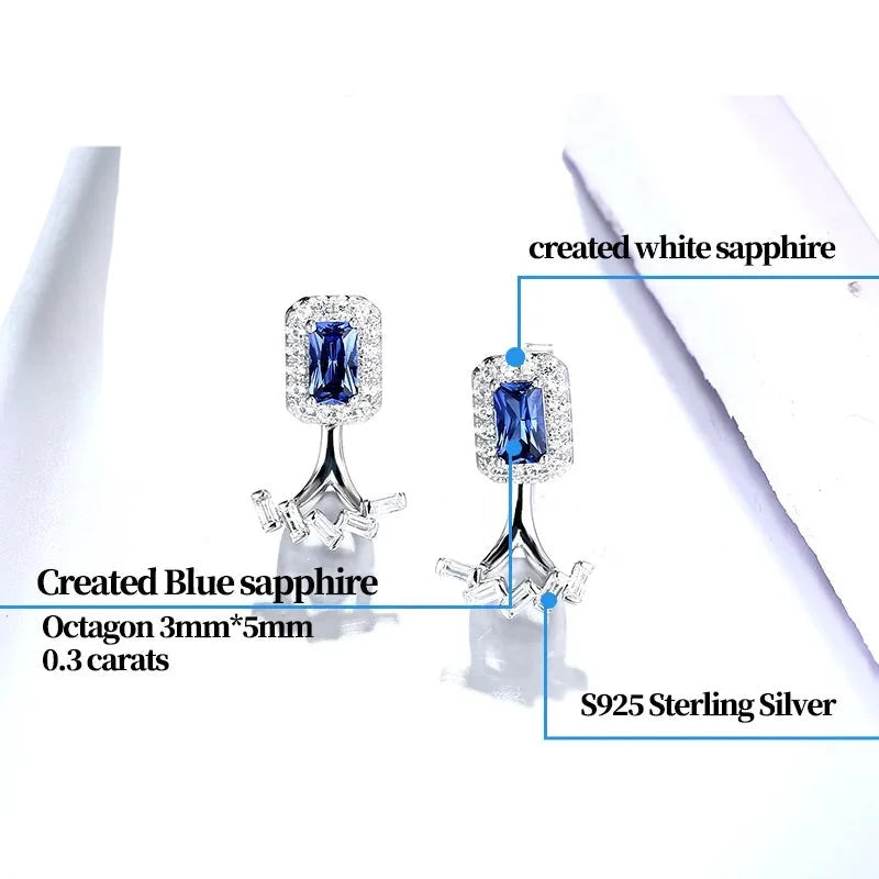 Blue Sapphire Sterling Silver Stud Earring Two Wearring Flexiable Design Octagon Created Sapphire Earring Gift for Personal