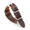 Brown leather watch strap with silver buckle on a white background, Obroi