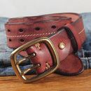 Men 3.8cm Wide Double Breasted Belt Double Prong Buckle Handmade Heavy Duty Belt Jeans Belt