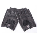 Pair of black leather gloves with fingerless design on a white background, Obroi