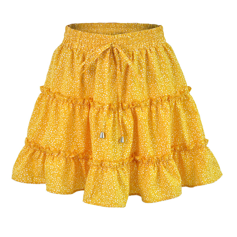 Ruffles Women Skirt Elastic Band High Waist Lace Up Female Skirt Floral Summer New Mini A-line Skirt