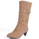 Autumn Winter Leather Buckle Chunky Heels Mid Calf Boots Round Toe Slip on Casual Women Shoe
