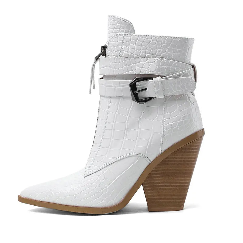 Women Western Boots High Heel Ankle Boots Buckle Zipper Motorcycle Boots Autumn Winter Boots