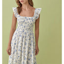 Floral Dresses For Women Elegant Ruffle Edge Square Neck Vacation Midi Dress Sleeveless Smocked Summer Dress Beach Sundress