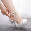 Women Lace Platform Sandals High Heels Waterproof Female White Wedding Shoes Pointed Toe Peep