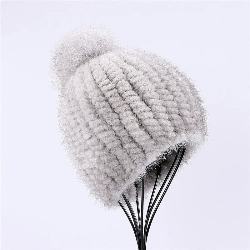 Fur hat women winter knitted beanie Girls cap with fox female cap Elastic