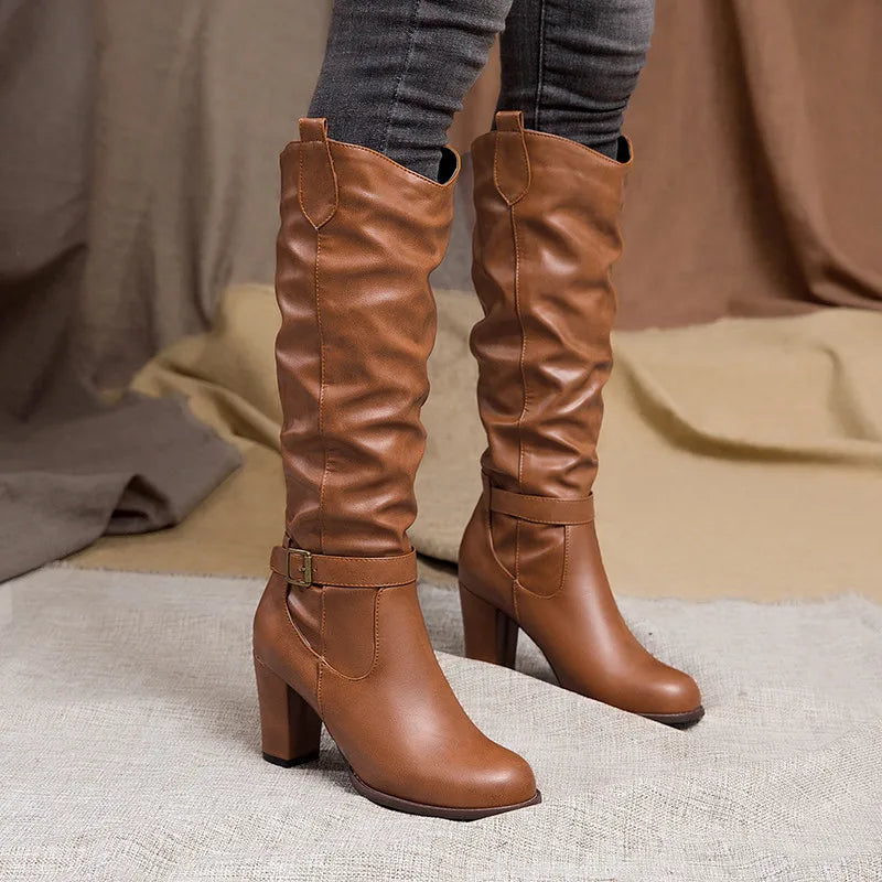 Boots Women Black Shoes Female Buckle Pleated Leather Block Heel Long Riding Boots Women