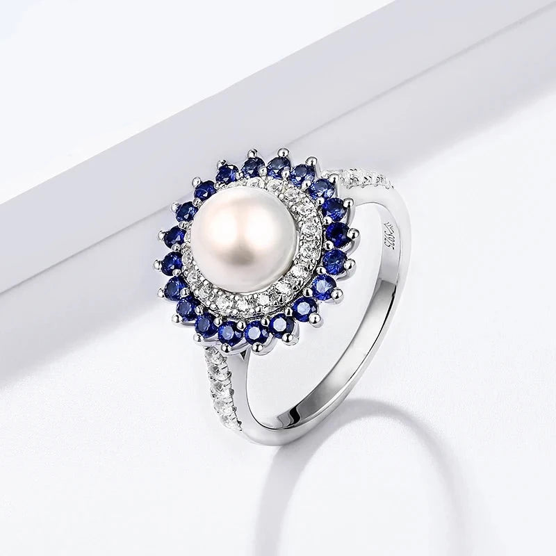 Pearl Sapphire Sterling Silver Women's Ring Round 7mm Pearl Classic Style Jewelry