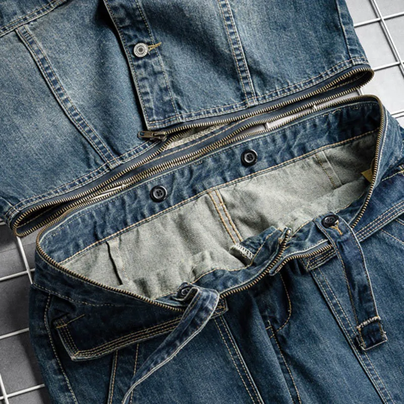 Spring Fall Mens Vintage Detachable Denim Cargo Overalls Tops Straight Pants Rompers Male Jumpsuit