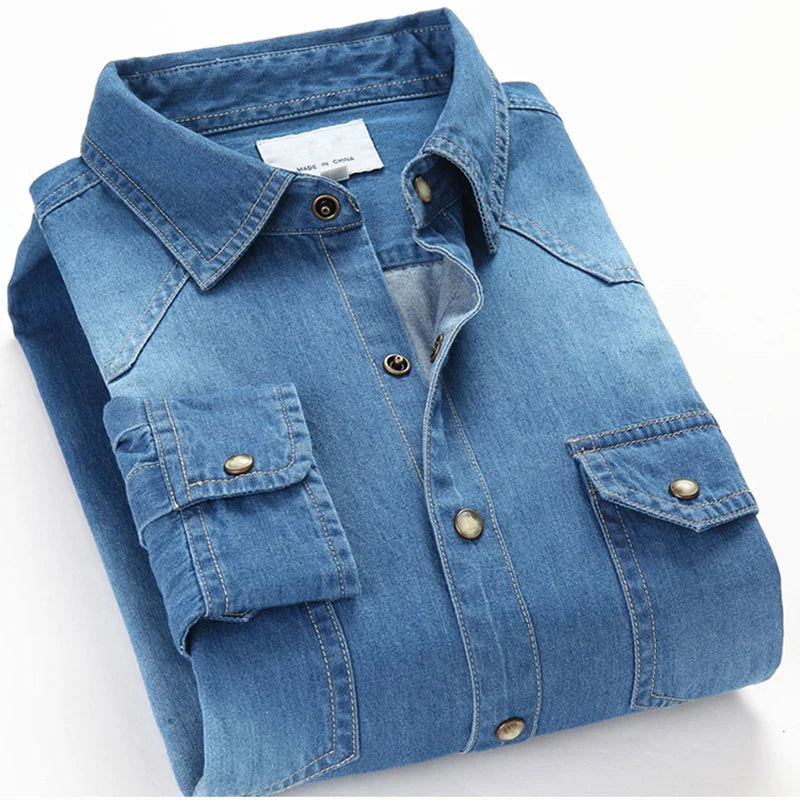 Men Denim Shirt Thin Long Sleeve Soft Cotton Double Pockets Slim Slight Elastic Jeans Blue Tops Cowboy Clothing