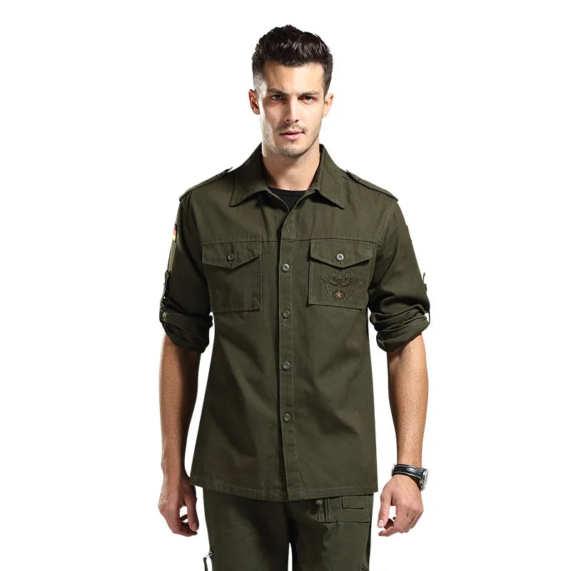 Military Men's Cargo Shirt Thicken Long Sleeve Pure Cotton Casual Shirt Men Clothing