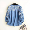 Embroidery Denim Blouse Women Soft Jeans Blouses Ruffles Casual Shirt Top