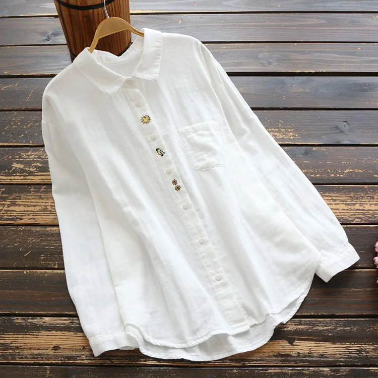 Autumn Women Blouse Style Mori Girl Loose Cotton Yarn White Shirt Embroidery Long Sleeve Women Tops