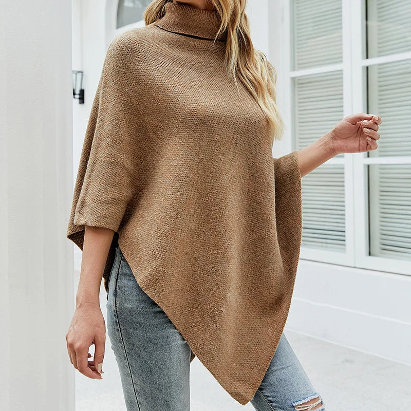 Autumn Winter Shawl Cloak Sweater Solid Turtleneck Oversized Cape Coat Female Ponchos Pullover Knitted Bat Sleeve Top