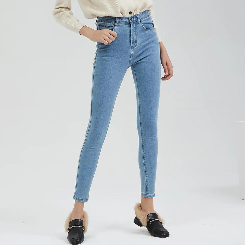 Basic Jeans Vintage Fit High Waist Stretched Jeans Women Washed Blue Denim Skinny Classic Pencil Pants Trousers