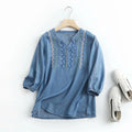 Summer embroidery denim blouse women casual denim tops and blouses
