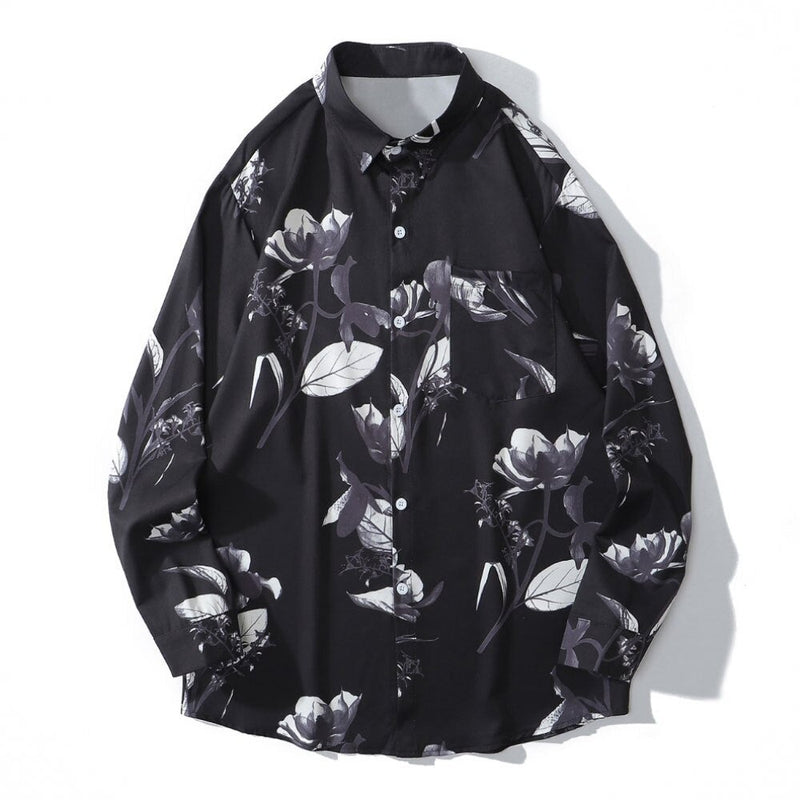 Hawaiian Beach Shirts Graffiti Flowers Long Sleeve Button Shirts Hip Hop Casual Holiday Party Blouse