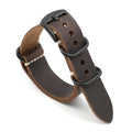 Brown leather watch strap with black buckle on a white background, Obroi