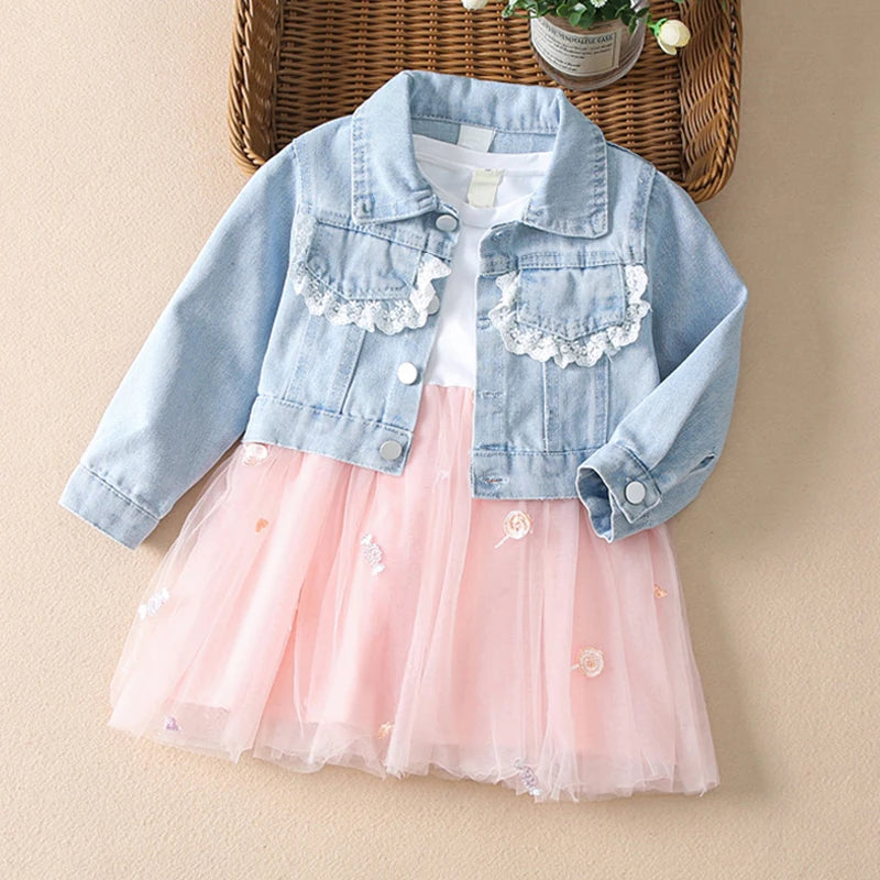 Baby dress for girl denim jacket spring autumn fashionable fluffy princess dress