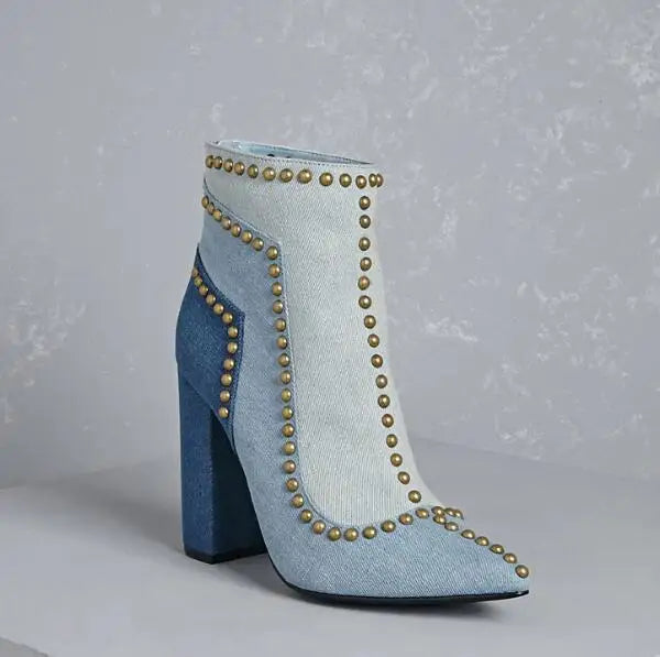 Golden Line Rivets Studs Denim Ankle Boots Pointed Toe Ladies Chunky Heel Boots Back Zip