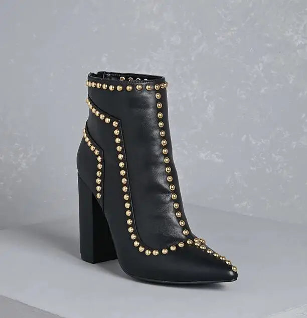 Golden Line Rivets Studs Denim Ankle Boots Pointed Toe Ladies Chunky Heel Boots Back Zip