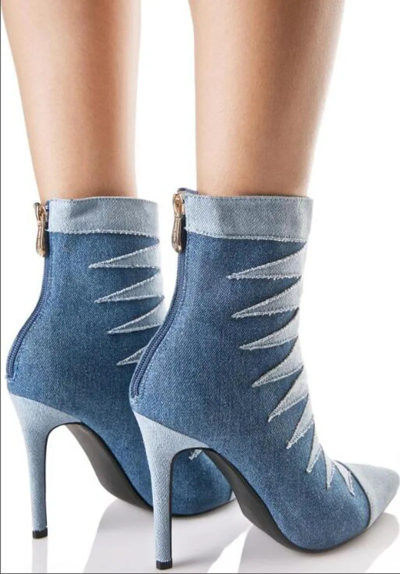Denim Ankle Boots Pointed Toe High Heel Cowboy Ankle Boots Ladies Zip Gladiator