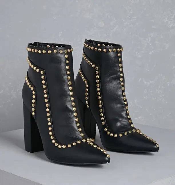 Golden Line Rivets Studs Denim Ankle Boots Pointed Toe Ladies Chunky Heel Boots Back Zip