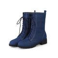 Blue denim lace-up boots on a white background with Phoentin logo, Obroi