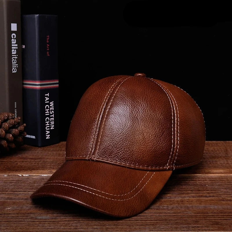 Genuine Leather Wide Brim Baseball Caps Men Classic Sewing Snapback Golf Social Tricycle Warm Hats