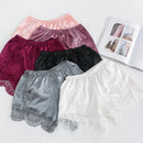 Set of women's satin and lace shorts in various colors on a white background, Obroi