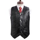 Black leather vest on a mannequin with a white shirt and red tie against a white background