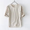 striped round collar t shirt men linen casual men t shirts