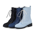 Three pairs of lace-up boots in black, blue, and light blue on a white background, Obroi