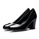 Office Lady Pumps Square Heel Women Black Work Pumps Round Toe Shallow Ladies Bonded Leather
