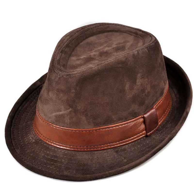 Genuine Leather Nubuck Brown Fedoras Hats Gentleman Caps 56-60cm Fitted Hat