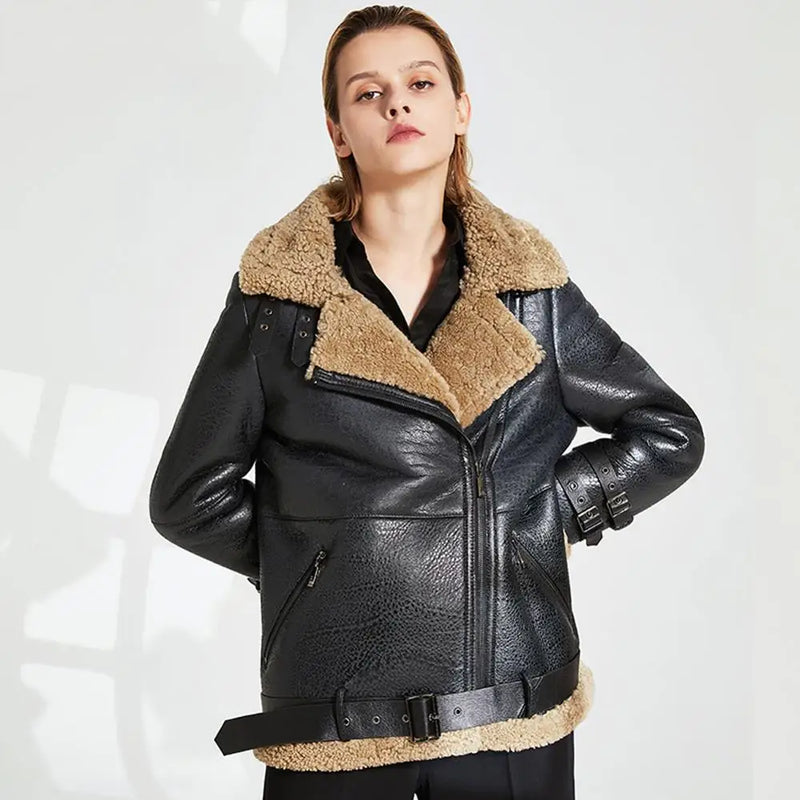 Women's Shearling Jacket Women's Short Motorcycle Jacket Women's Winter Leather Warm Jacket