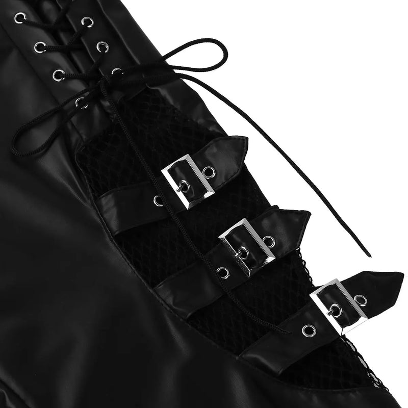 Women Pants Look Faux Leather Mid Splice Thigh with Buckles Side Lace Up Stretchy Trousers