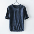 striped round collar t shirt men linen casual men t shirts