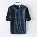 striped round collar t shirt men linen casual men t shirts