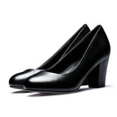 Office Lady Pumps Square Heel Women Black Work Pumps Round Toe Shallow Ladies Bonded Leather