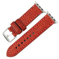 Dark red watch strap with silver buckle on a white background