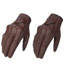 Two brown leather gloves, one with no-perforation and the other with perforation, on a white background, Obroi