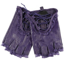 Pair of purple fingerless gloves with lace detailing on a white background, Obroi